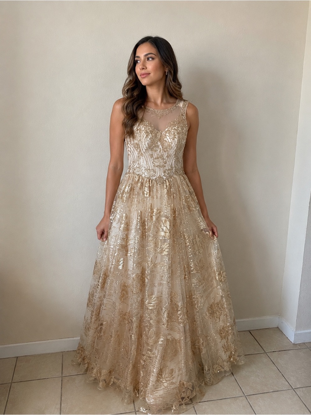Gold Embellished Sleeveless Evening Gown